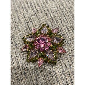 Vintage Austrian Crystal Floral Brooch With Pink & Green Rhinestones